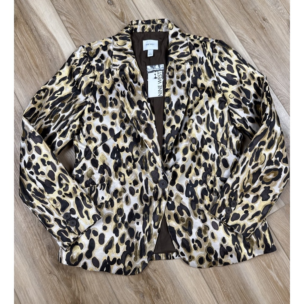 Nine West Women's Size L Gold Metallic Leopard Print Blazer –NEW